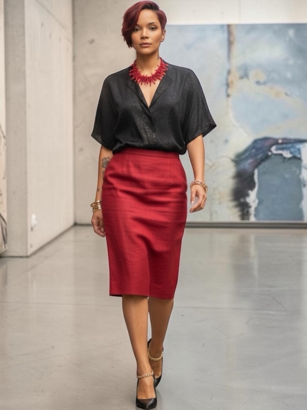 Chic High-Waist Red Pencil Skirt comes with the Blouse and Necklace☑️.